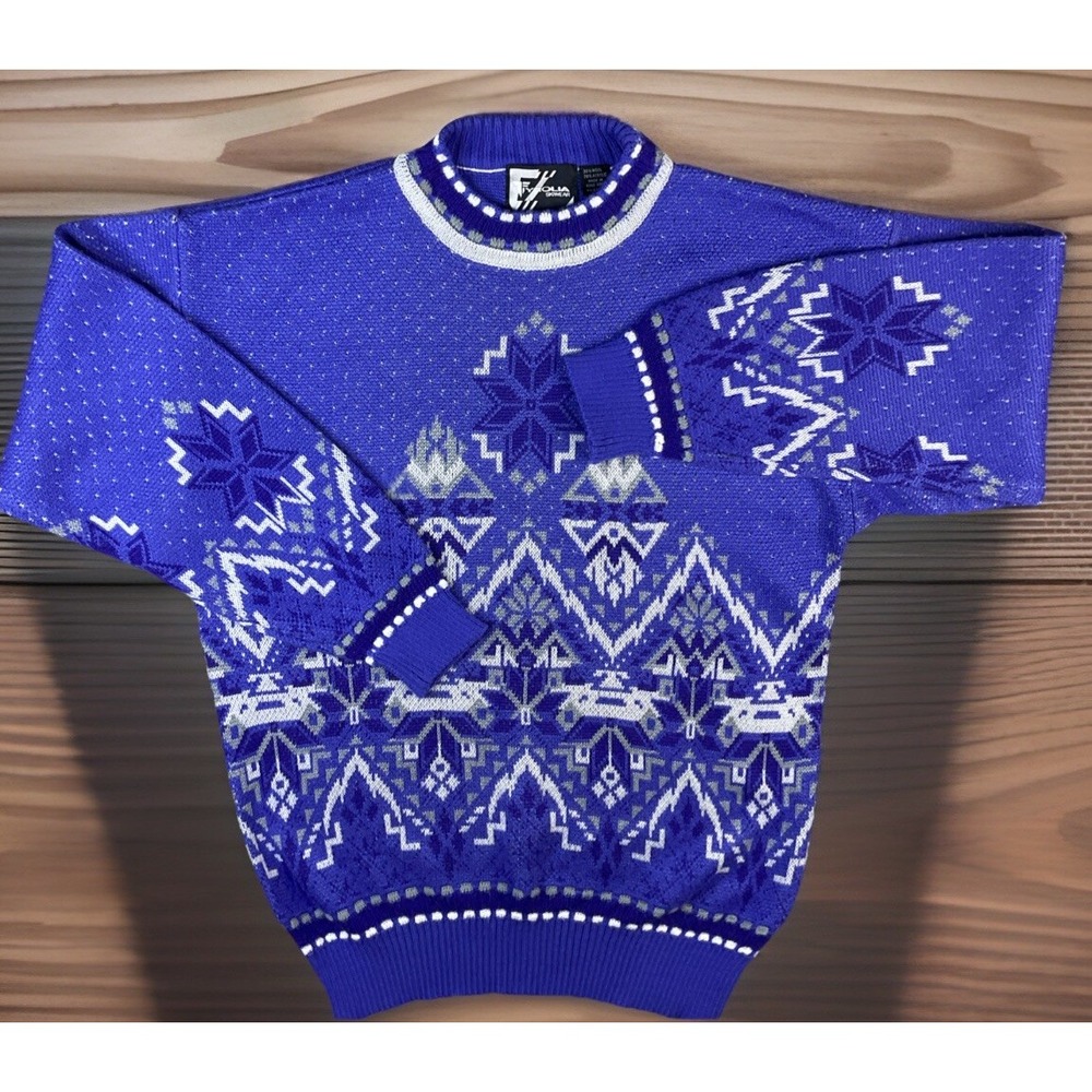 Vintage Tyrolia Skiwear Wool Acrylic Knit Sweater Womens XL Purple Geometric 80s